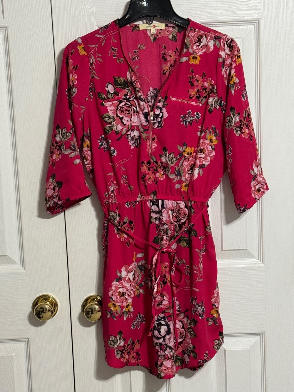 Wishful Park Hot Pink Floral Mini Dress Adjustable Functional Zipper Neckline